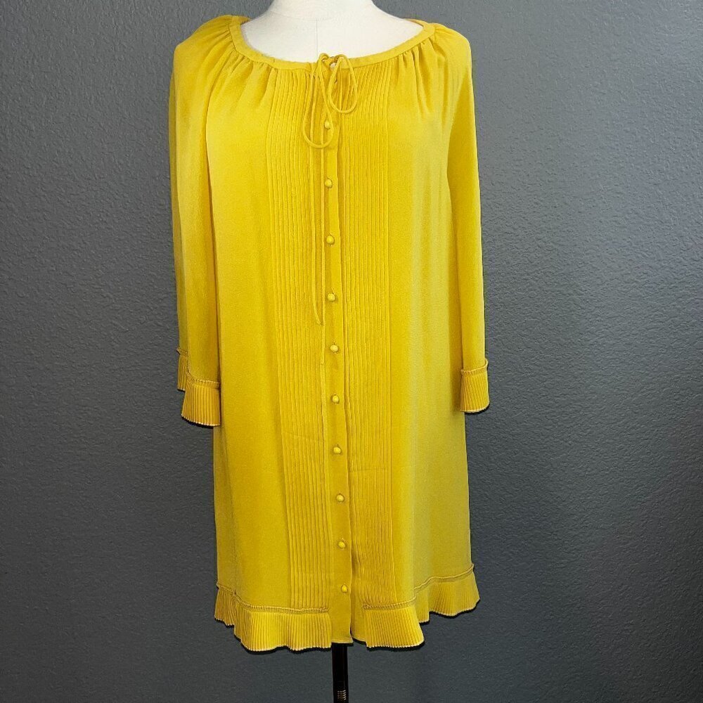 SUSANA MONACO 100% Silk Chiffon Mustard Gold Pleated Peasant Style Boho Dress 2